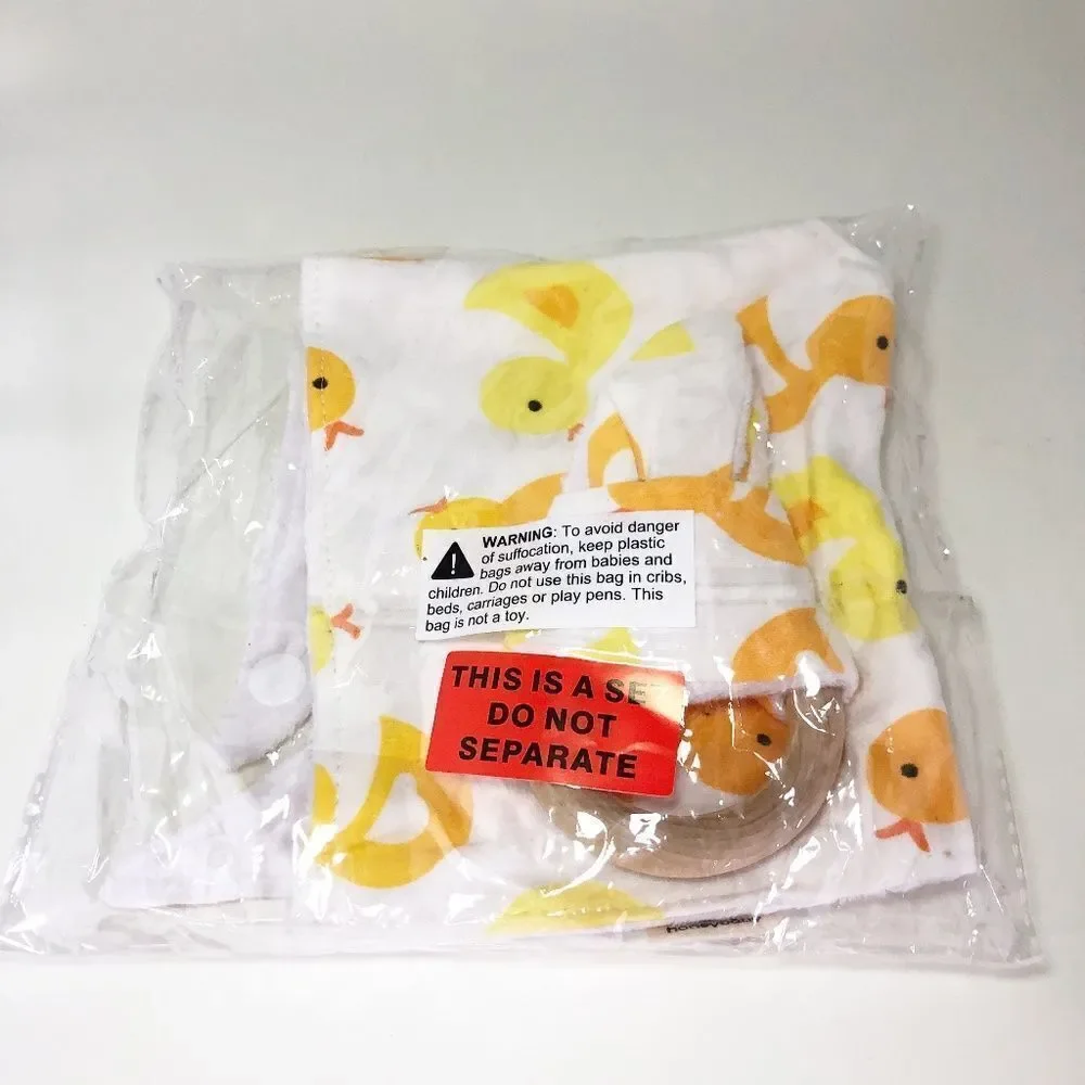 HONEY BABY Bib + Wooden Bunny Toy Duck Printed Gift Set